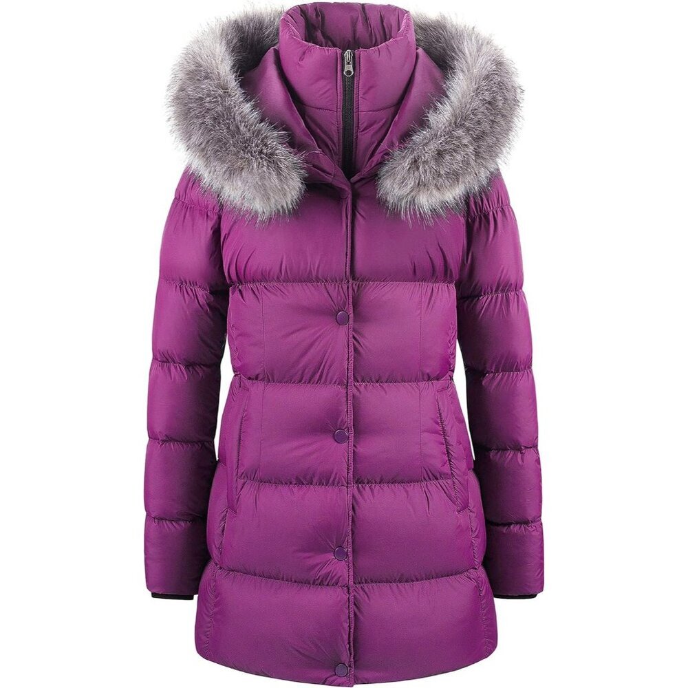 Women's Purple Long Snow Puffer Jacket Coat Removable Faux Fur Trim Winter Warm
